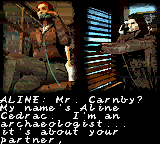 Alone in the Dark: The New Nightmare (Game Boy Color) screenshot: Introduction frame  Edward Carnby talking in the telephone with Aline Cedrac.