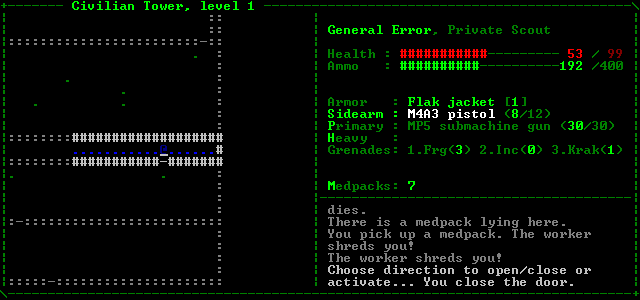 Aliens: Roguelike (Windows) screenshot: Closing doors to those dumb aliens can save your life, too.