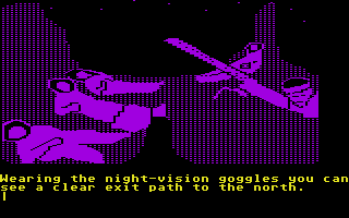 Amazon (Atari ST) screenshot: Using night vision goggles to escape trouble.
