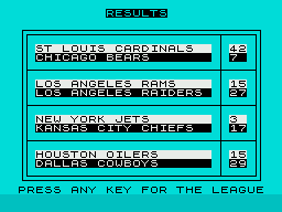 American Football (ZX Spectrum) screenshot: Group results