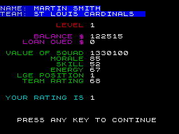 American Football (ZX Spectrum) screenshot: Manager status