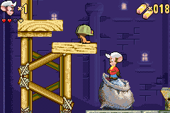 An American Tail: Fievel's Gold Rush (Game Boy Advance) screenshot: Whatever that is, his hat is way to big.