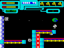 Anfractuos (ZX Spectrum) screenshot: The red arrows force you downwards