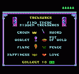 King Neptune's Adventure (NES) screenshot: An overview of all the hidden items, there are ten notes to be found as well.