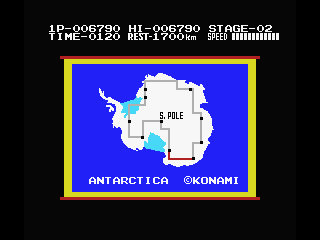 Antarctic Adventure (MSX) screenshot: The Map shows that stage 1 has been completed