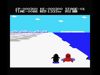Antarctic Adventure (MSX) screenshot: Avoid the seals