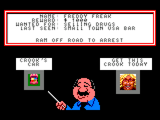APB (Amstrad CPC) screenshot: A briefing detailing thecriminal that you need to catch