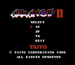 Arkanoid: Revenge of DOH (NES) screenshot: Choose a 1 or 2 player game.