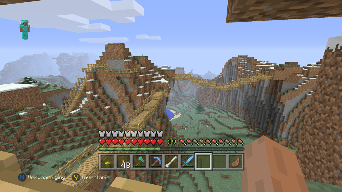 Minecraft: PlayStation 4 Edition (Xbox One) screenshot: Two suspension bridges over a cliff