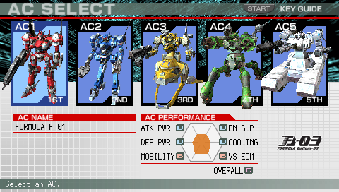 Armored Core: Formula Front - Extreme Battle (PSP) screenshot: Player AC Garage