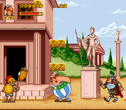 Astérix & Obélix (SNES) screenshot: Greek statues and Roman soldiers