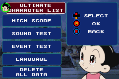 Astro Boy: Omega Factor (Game Boy Advance) screenshot: Options screen