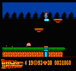 Back to the Future Part II & III (NES) screenshot: Hoping on a cloud is a really safe way of moving
