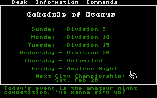 AutoDuel (Atari ST) screenshot: Schedule of events on Arena