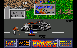 Back to the Future Part II (Amiga) screenshot: The game's final level. Hoverboarding in 1955, you need to get the almanac back from Biff.
