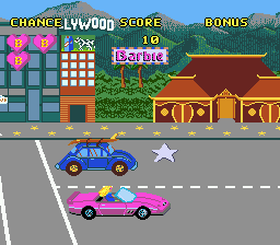 Barbie Super Model (Genesis) screenshot: Level one, Barbie must pick up the icons that get her to photo shoots as well as various bonuses while avoiding other cars.