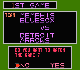 Baseball Stars 2 (NES) screenshot: In league mode, games between two computer controlled teams can be watched or simulated