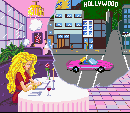 Barbie Super Model (SNES) screenshot: Intro to level one: Barbie dreams of taking her convertible through L.A.