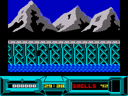 Battle Valley (ZX Spectrum) screenshot: Driving across the bridge in preparation for battle