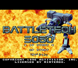 BattleTech: A Game of Armored Combat (SNES) screenshot: Title screen and main menu (Japanese version)