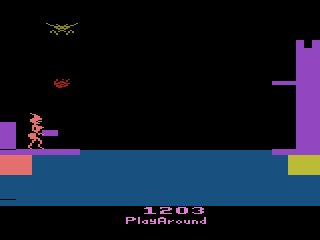 Beat 'Em & Eat 'Em/Lady in Wading (Atari 2600) screenshot: If you set the difficulty switches, the bird drops fire to destroy sections of the bridge.