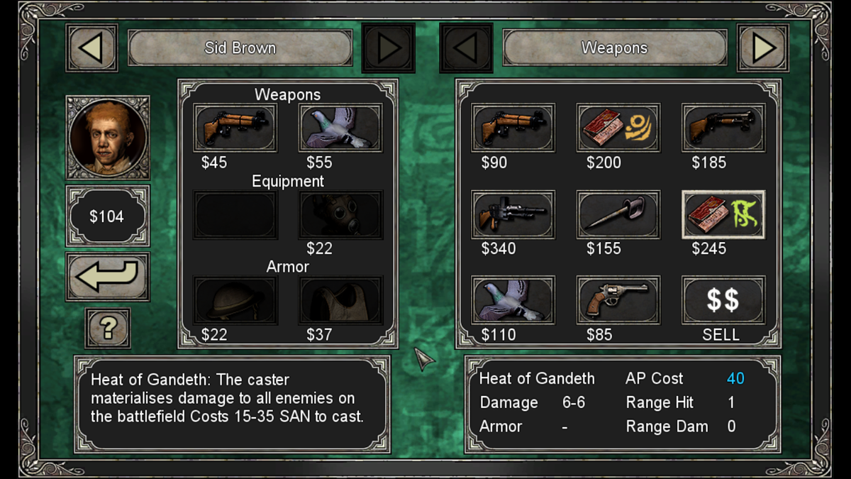Call of Cthulhu: The Wasted Land (Windows) screenshot: Buying items. Casting the spells will expend some of your sanity points.