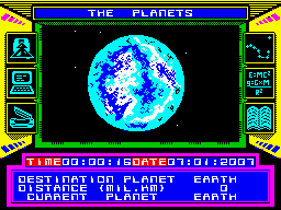 The Planets (ZX Spectrum) screenshot: A jewel in the universe: "Terra" . Type 224 ship is orbiting Earth.