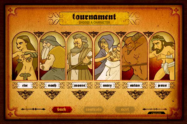 Bible Fight (Browser) screenshot: Tournament mode: character selection screen.