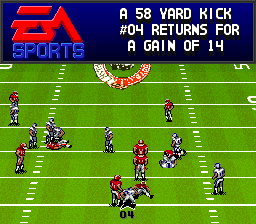 Bill Walsh College Football (SNES) screenshot: The game tells how many yards were gained.