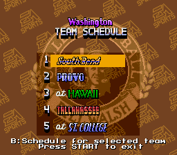 Bill Walsh College Football (SNES) screenshot: Team schedule