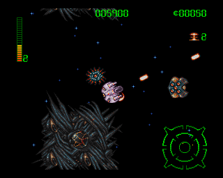 Blastar (Amiga) screenshot: The first level. Enemies can be seen as yellow dots on the scanner in the right corner.