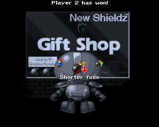 BlitzBombers (Amiga) screenshot: You get to inflict a power-up on your enemies
