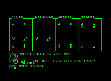 Bridge Bidding Trainer (Commodore PET/CBM) screenshot: A knowledge of bridge is mandatory :)