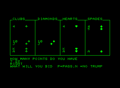 Bridge Bidding Trainer (Commodore PET/CBM) screenshot: O.K., now I got it