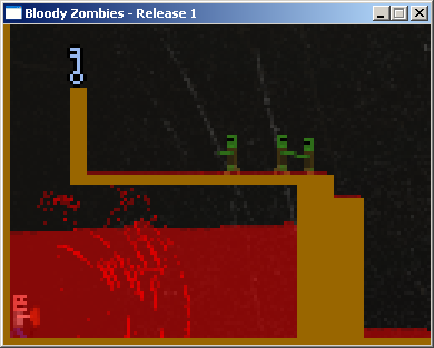 Bloody Zombies (Windows) screenshot: Shockwaves of splatter radiate from the mower when it's not merely chugging along, but is actively revved.