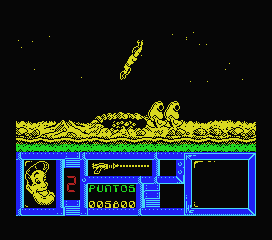 Freddy Hardest (MSX) screenshot: Leaping over the lava pit.