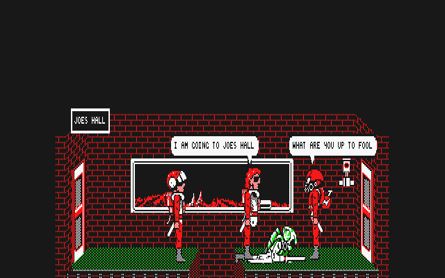 Brataccas (Atari ST) screenshot: Light conversation over a dead body; the dead green fellow is one of those hunting our protagonist.
