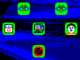 ZX Football Manager 2005 (ZX Spectrum) screenshot: Club stuff menu - for scouting, injury report, finances and coach report