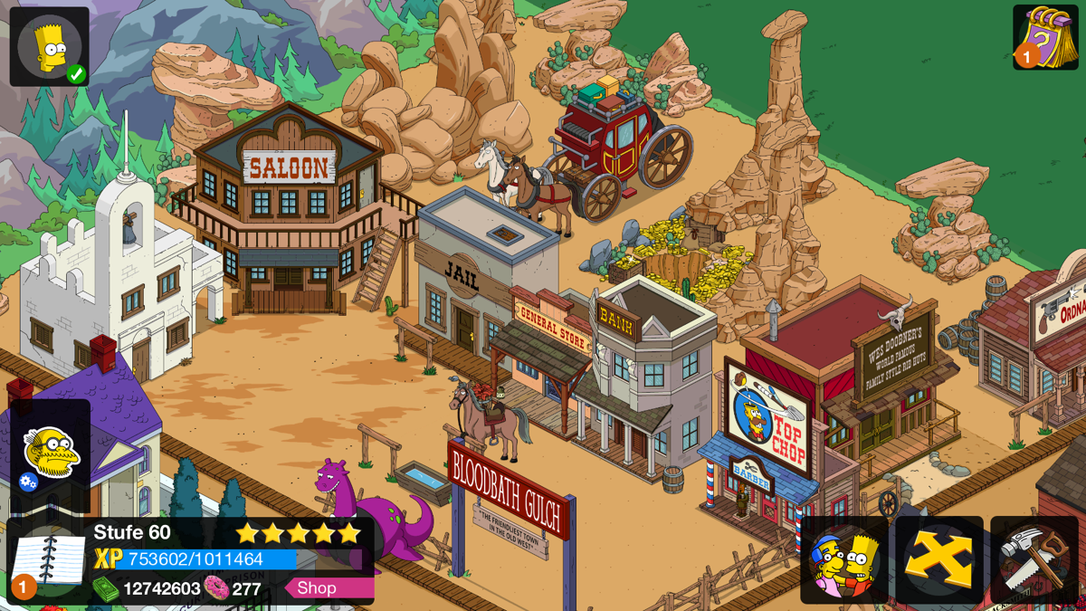 The Simpsons: Tapped Out (Android) screenshot: Wild West Quest 2016: City Center and some shops.