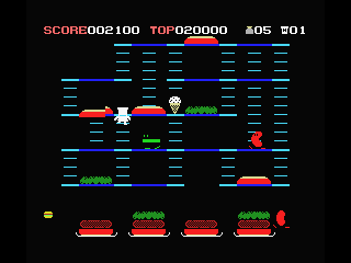 BurgerTime (MSX) screenshot: Your're chased by an egg, hot dog and pickles