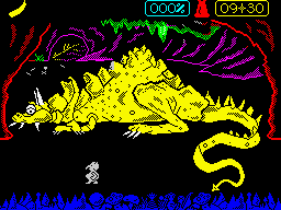 Riddler's Den (ZX Spectrum) screenshot: Kiv-Yok-Kedo, The Yellow Dragon. He needs a little force.