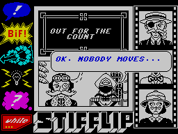 Stifflip & Co. (ZX Spectrum) screenshot: The game starts with you in a hold-up