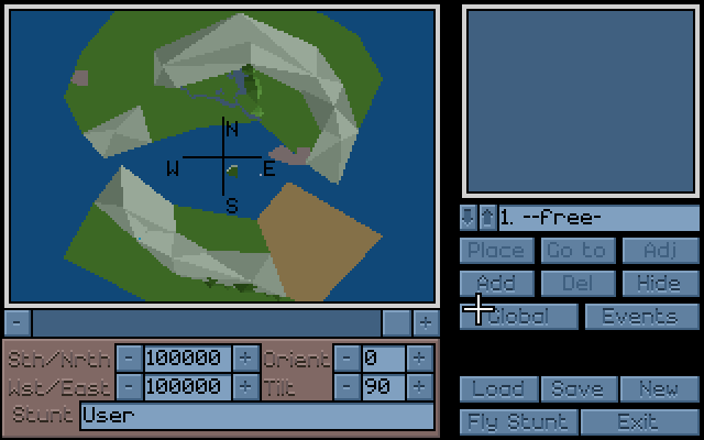 Stunt Island (DOS) screenshot: The set-design studio allows you to design from scratch your own terrain to fly around in.