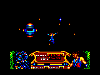 Strider 2 (Amstrad CPC) screenshot: You are blown away by a vacuum cleaner