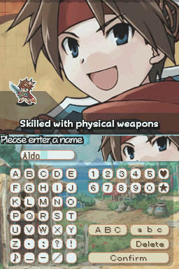 Summon Night: Twin Age (Nintendo DS) screenshot: You can customize the character's name.