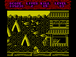 Shoot-Out (ZX Spectrum) screenshot: Level 3, 2nd part:<br> Entering the town. Blasting an enemy's head.