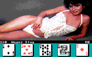 Strip Poker II (DOS) screenshot: Not the best hand...what should I do here? (EGA)