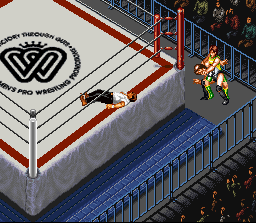 Super Fire Pro Wrestling Queen's Special (SNES) screenshot: The referee counting birdies instead of counting out