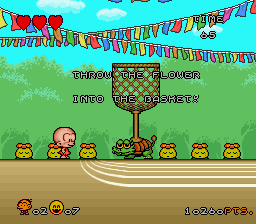 Super Bonk (SNES) screenshot: Pick up a flower bouquet and enter a mini game.
