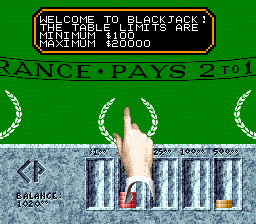 Super Caesars Palace (SNES) screenshot: Table games have minimum and maximum bets